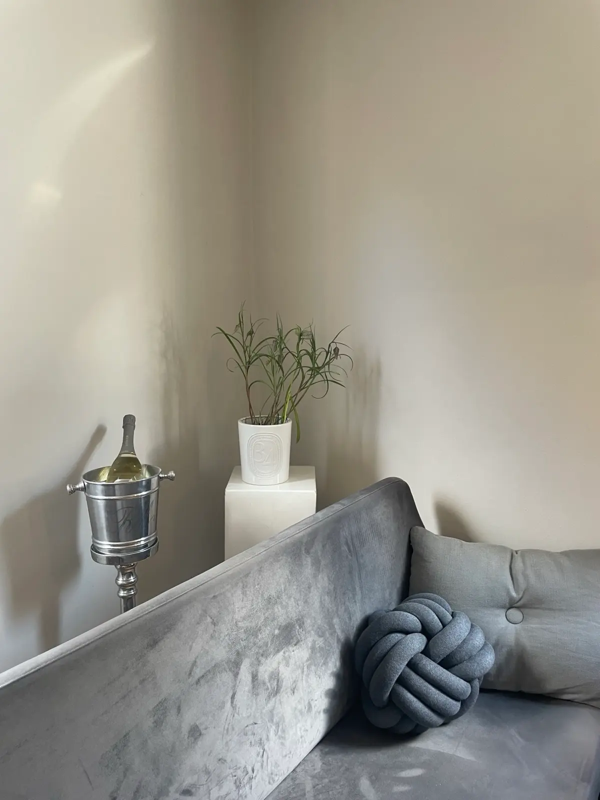 Romantische Wohnzimmerecke mit Samtsofa und Champagnerkühler – ideal für eine Auszeit zu zweit im Rosehill Cottage